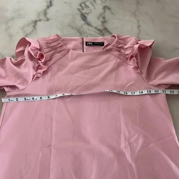ZARA Bubblegum Pink Ruffle Hem & Shoulders Mini Dress Long Sleeve Sz L - Picture 14 of 16